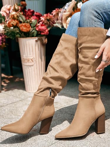 PiePieBuy Womens Faux Suede Knee High Boots Pointed Toe High Chunky Heel Side Zipper Party Dress Booties