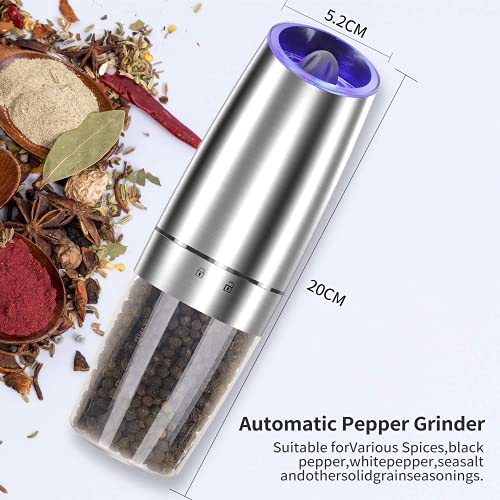 Electric Salt and Pepper Grinder set of 2, Automatic Salt and Pepper Mill Grinder, Adjustable Roughness, Battery Powered with Blue LED Light, Stainless Steel with One Hand Operation (Sliver)