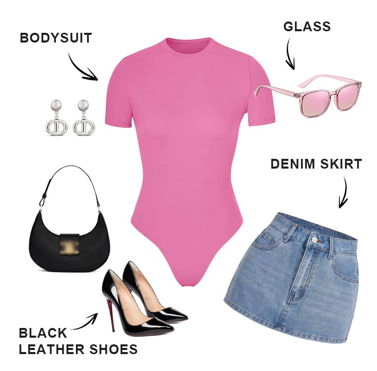 SHAPERX Women's Fit Everybody Bodysuit Soft Crew Neck T-shirt Body Suits with Thong Design
