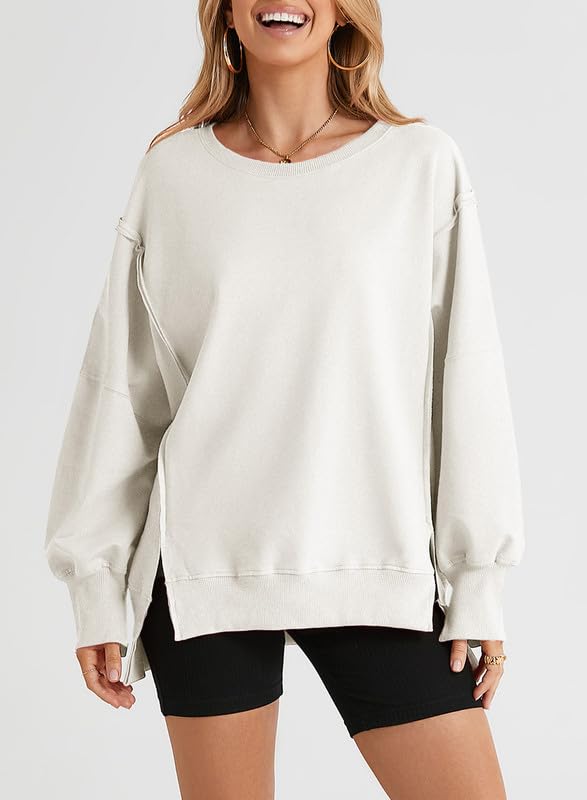 SHEWIN Womens Oversized Reverse Seam Sweatshirt Casual Long Sleeve Crewneck Lightweight Pullover Tops Loose Sweatshirts