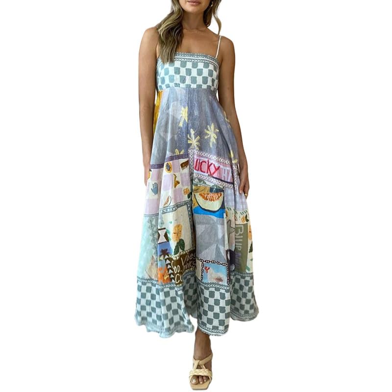 ROAONOCOMO Women Boho Graffiti Cami Long Dress Graphic Spaghetti Strap Flowy Swing Maxi Dress Colorful A Line Sundress