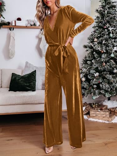 MASCOMODA 2024 Velvet Long Sleeve Wide Leg Jumpsuits for Women Dressy V Neck Belted Romper One Piece Fall Outfits with Pocket