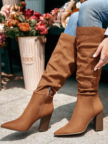 PiePieBuy Womens Faux Suede Knee High Boots Pointed Toe High Chunky Heel Side Zipper Party Dress Booties