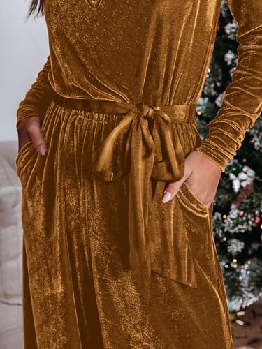 MASCOMODA 2024 Velvet Long Sleeve Wide Leg Jumpsuits for Women Dressy V Neck Belted Romper One Piece Fall Outfits with Pocket