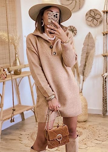 KIRUNDO Women's 2024 Fall Winter Long Sleeve Turtleneck Sweater Dress Button Down Solid Lapel Knit Mini Pullover Dresses