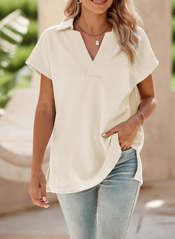 SHEWIN Women's Polo Shirts Casual Collared Short Sleeve Shirt Loose V Neck Tunic Tops