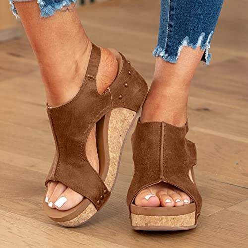 Wedge Sandals for Women Dressy Summer, Womens Open Toe Espadrilles Platform Sandals Buckle Ankle Strap Wedge Sandals Leather Sandals Casual Low Wedges Walking Strappy Slip on Sandals (A-Coffee, 9.5)