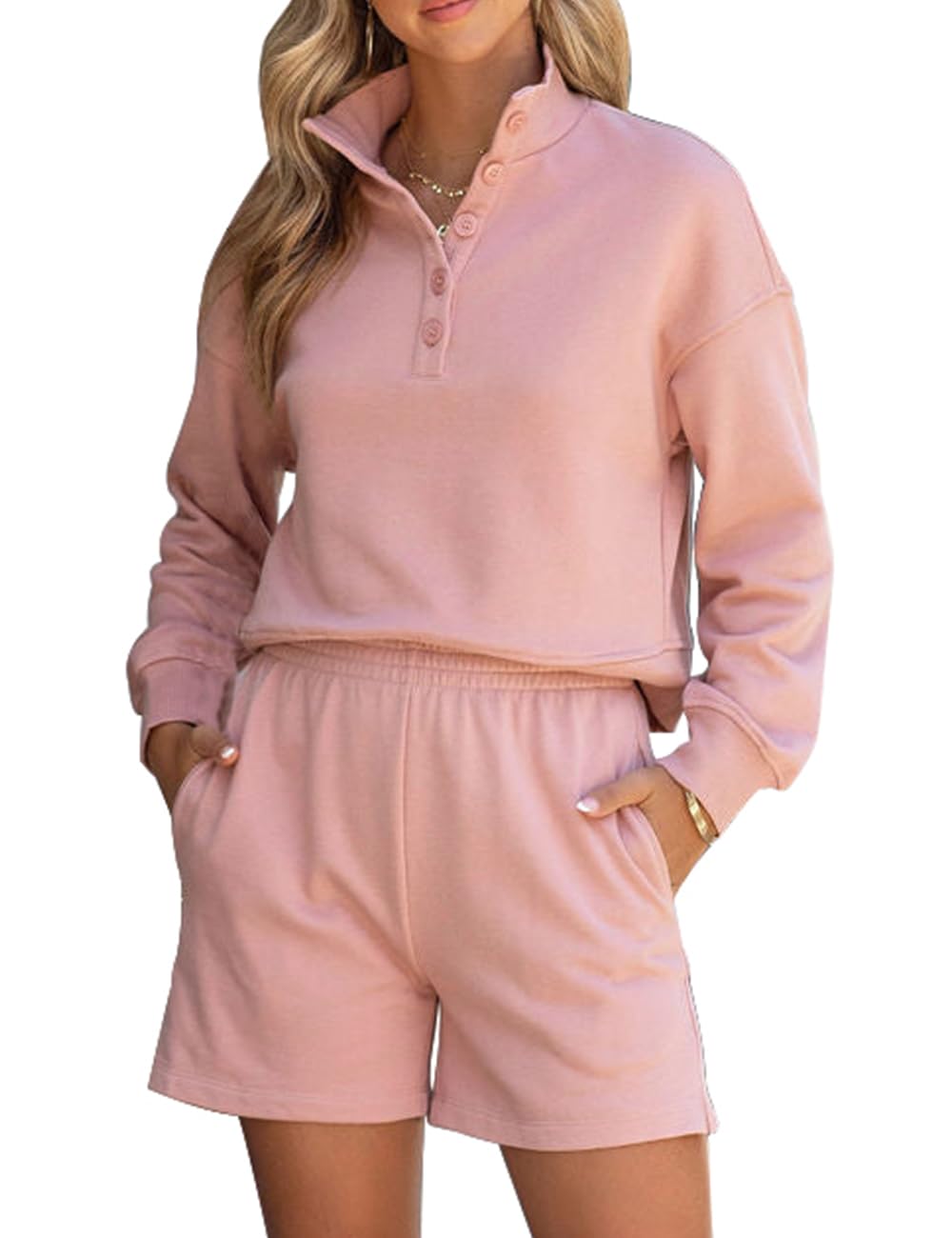 FUPHINE Women 2 Piece Outfits Sweatsuit Long Sleeve Button Down Pullover and Shorts Set with Pockets