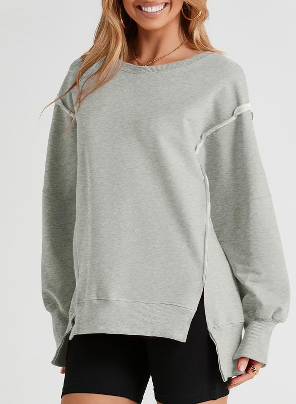 SHEWIN Womens Oversized Reverse Seam Sweatshirt Casual Long Sleeve Crewneck Lightweight Pullover Tops Loose Sweatshirts