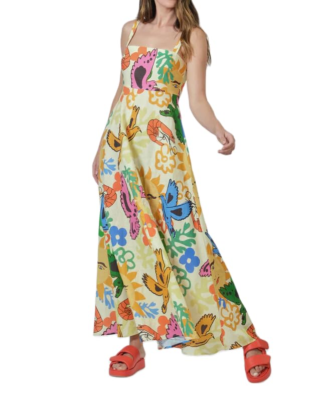 ROAONOCOMO Women Boho Graffiti Cami Long Dress Graphic Spaghetti Strap Flowy Swing Maxi Dress Colorful A Line Sundress