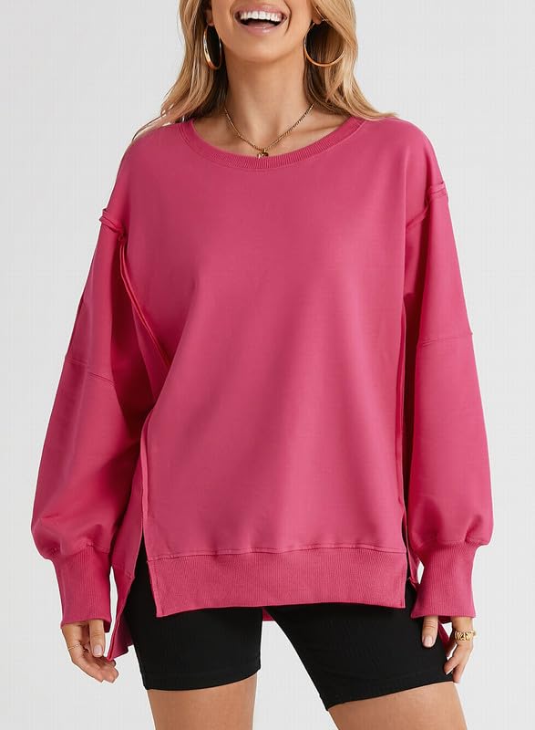 SHEWIN Womens Oversized Reverse Seam Sweatshirt Casual Long Sleeve Crewneck Lightweight Pullover Tops Loose Sweatshirts