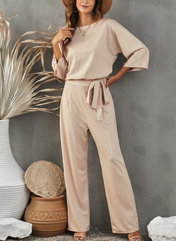 Dokotoo Jumpsuits for Women Casual Loose Batwing Sleeve Dressy Crewneck Rompers Long Pants Belted Wide Leg Overall