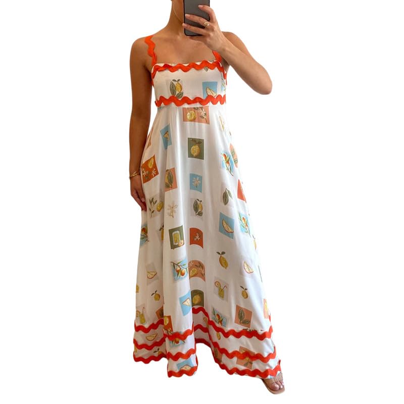 ROAONOCOMO Women Boho Graffiti Cami Long Dress Graphic Spaghetti Strap Flowy Swing Maxi Dress Colorful A Line Sundress