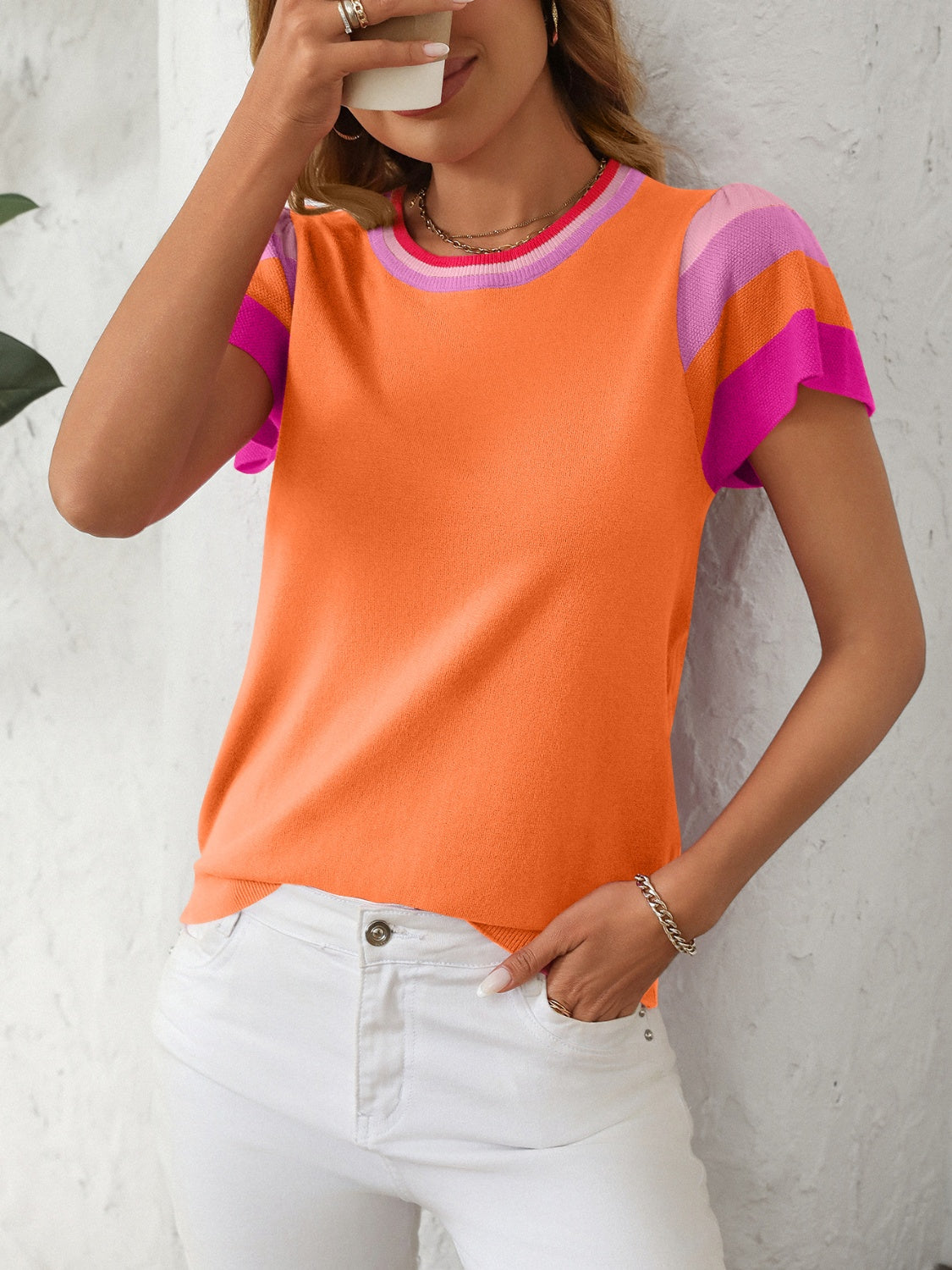 Mandy Contrast Round Neck Short Sleeve Knit Top