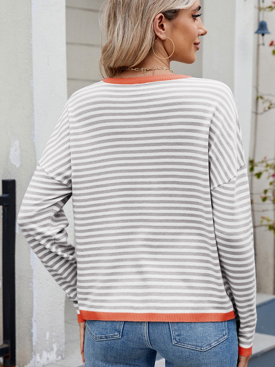 Striped Contrast Round Neck Long Sleeve Sweater