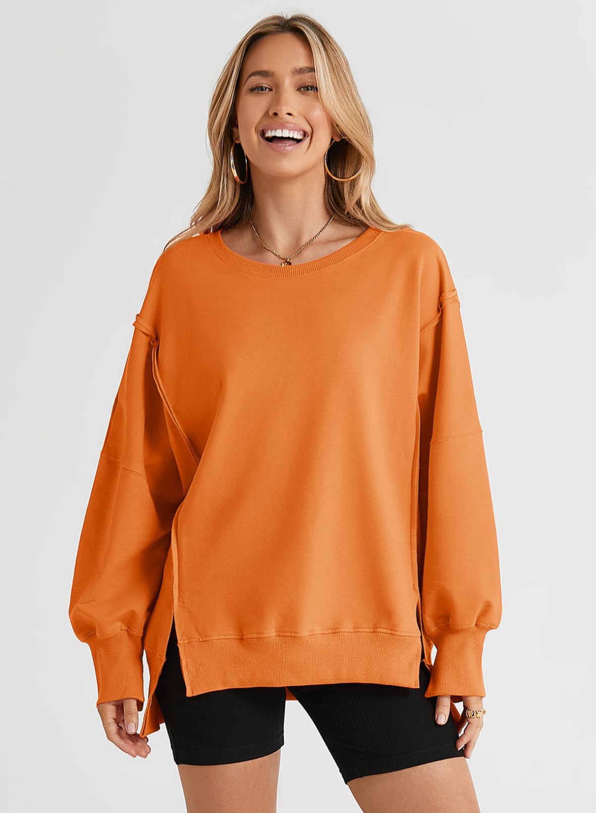 SHEWIN Womens Oversized Reverse Seam Sweatshirt Casual Long Sleeve Crewneck Lightweight Pullover Tops Loose Sweatshirts