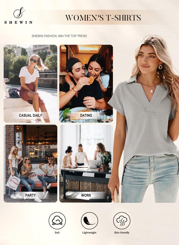 SHEWIN Women's Polo Shirts Casual Collared Short Sleeve Shirt Loose V Neck Tunic Tops