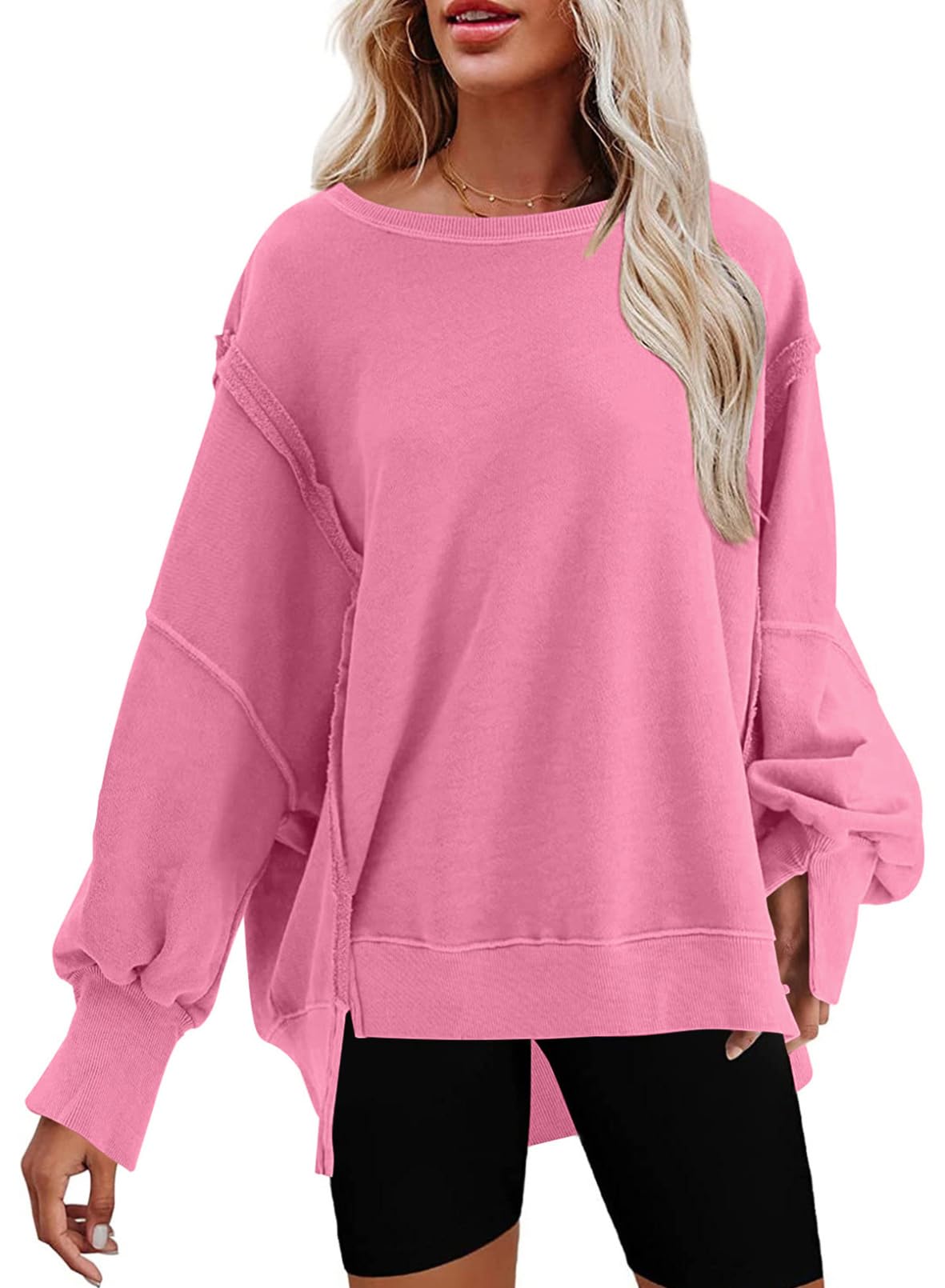 SHEWIN Womens Oversized Reverse Seam Sweatshirt Casual Long Sleeve Crewneck Lightweight Pullover Tops Loose Sweatshirts