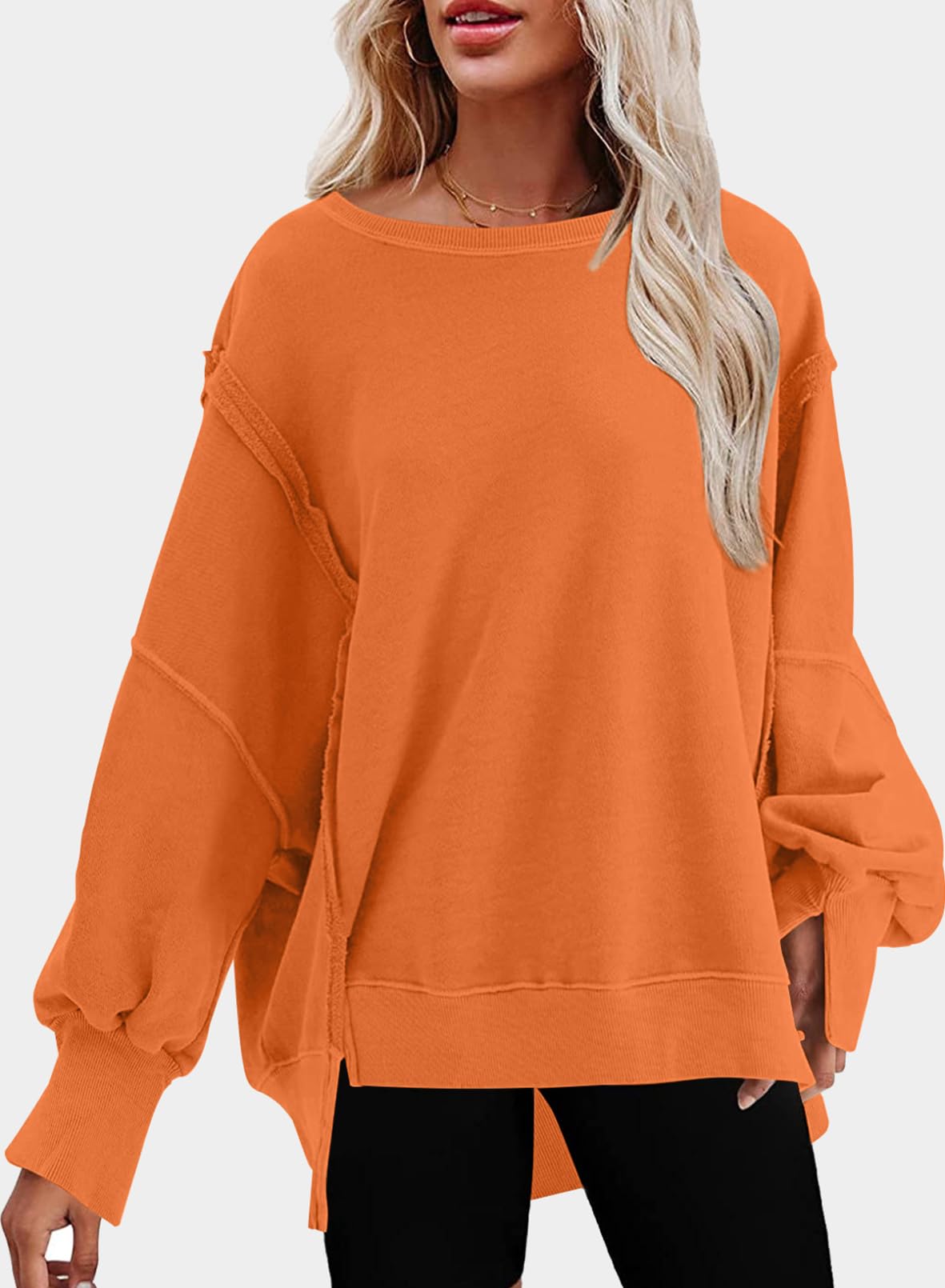SHEWIN Womens Oversized Reverse Seam Sweatshirt Casual Long Sleeve Crewneck Lightweight Pullover Tops Loose Sweatshirts