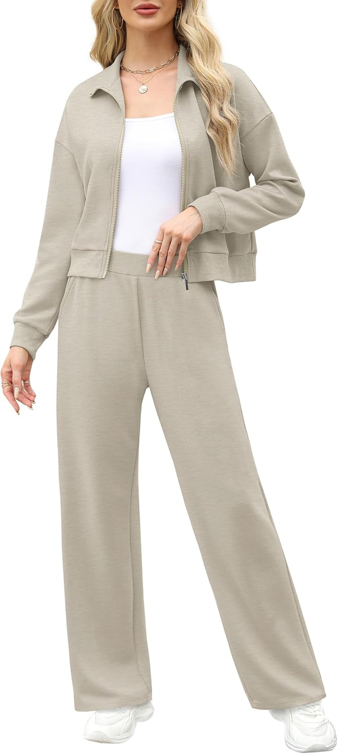 XIEERDUO Lounge Sets for Women 2024 Sweatsuit 2 Piece Outfits Sweatshirt Wide Leg Sweatpant Tracksuit Matching Set