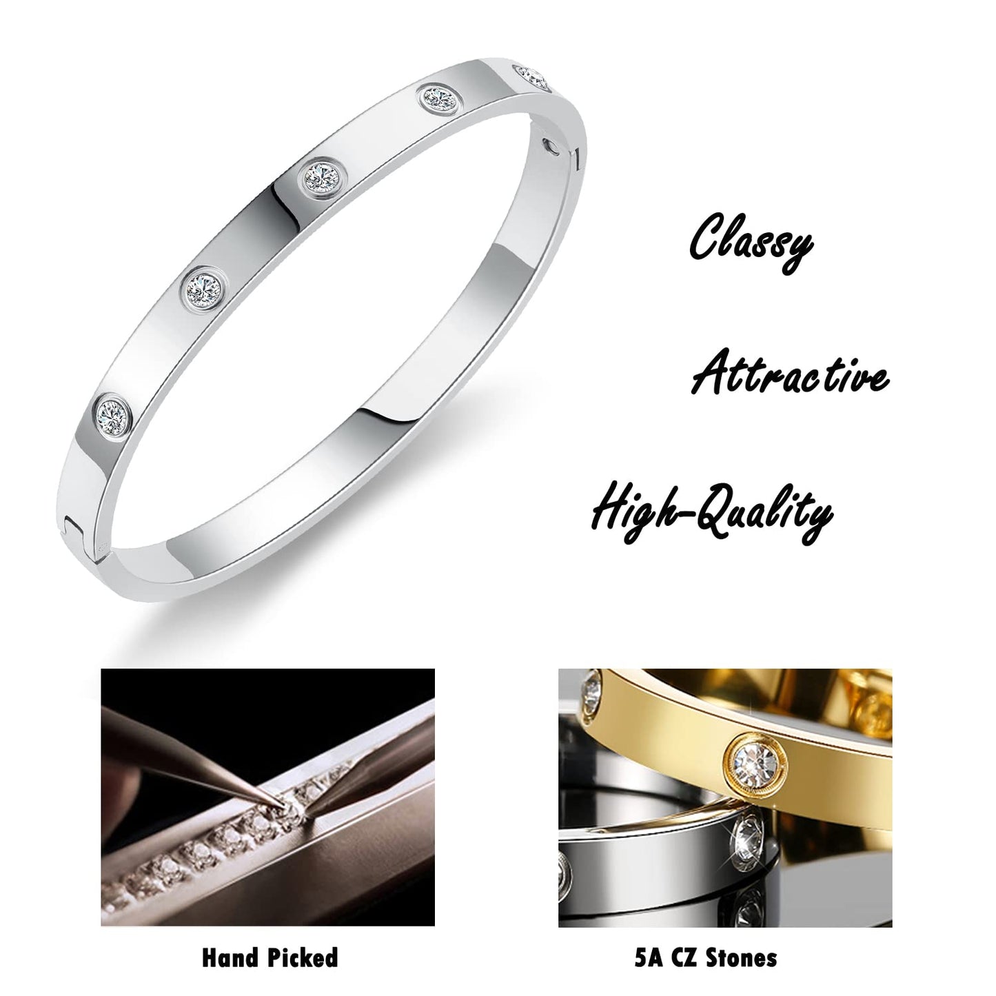 Gold Bracelets for Women 14K Gold Plated Friendship Love Bangle Bracelets Cubic Zirconia Stainless Steel Bracelet Jewelry Valentines Birthday Christmas Gifts for Women