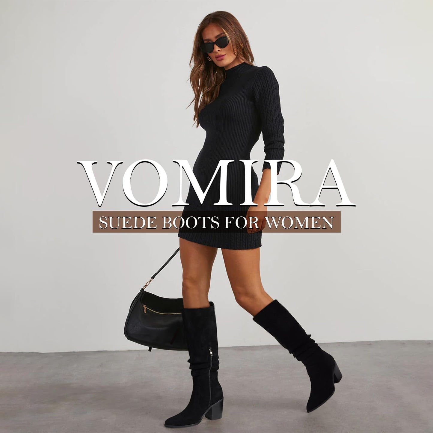 VOMIRA Knee High Boots Women Suede Boots Pointy Toe Chunky Block Heels Side Zipper Wide Calf Boots Fashion Dress Tall Boots Fall Winter Long Boots