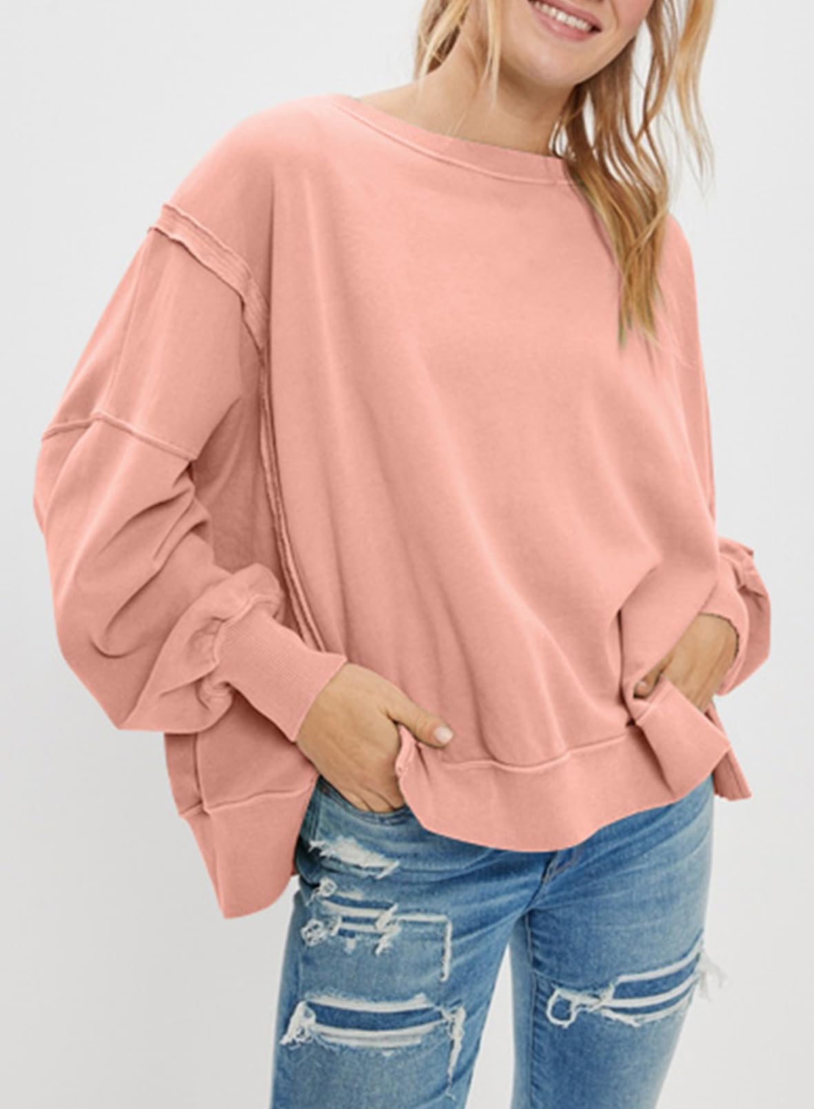 SHEWIN Womens Oversized Reverse Seam Sweatshirt Casual Long Sleeve Crewneck Lightweight Pullover Tops Loose Sweatshirts