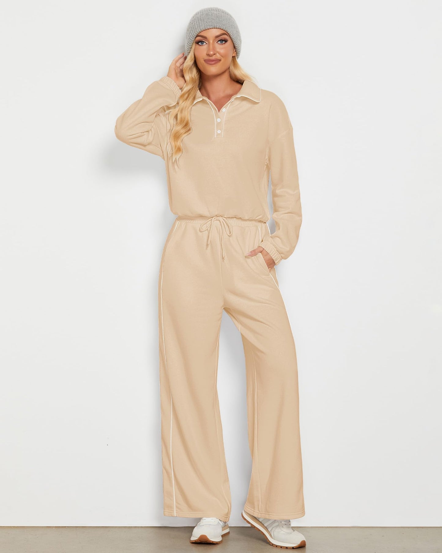 GRAPENT Sweatsuits Two Piece Sets for Women High Wasited Wide Leg Pants Fleece Button Pullover Sweatshirt Lounge Outfits