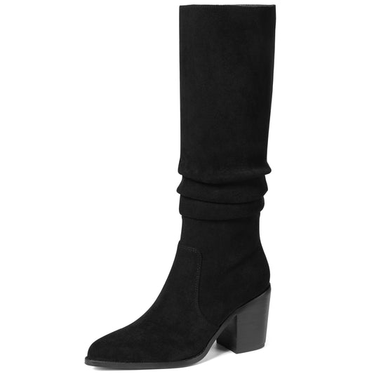 VOMIRA Knee High Boots Women Suede Boots Pointy Toe Chunky Block Heels Side Zipper Wide Calf Boots Fashion Dress Tall Boots Fall Winter Long Boots