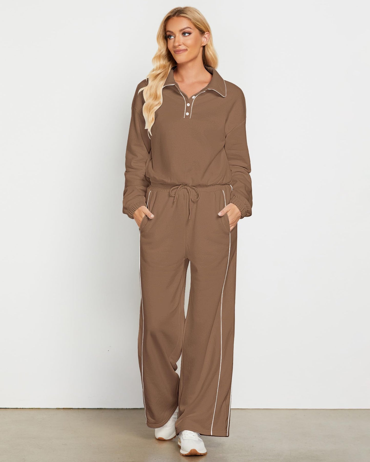 GRAPENT Sweatsuits Two Piece Sets for Women High Wasited Wide Leg Pants Fleece Button Pullover Sweatshirt Lounge Outfits