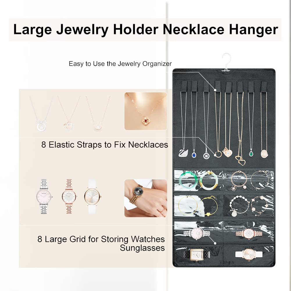 Hanging Jewelry Organizer， Double Side Large Jewelry Holder Necklace Hanger with 48 Pockets and 8 Hook & Loops Closet Necklace Holder for Earrings, Rings on Closet, Wall -1 Pack