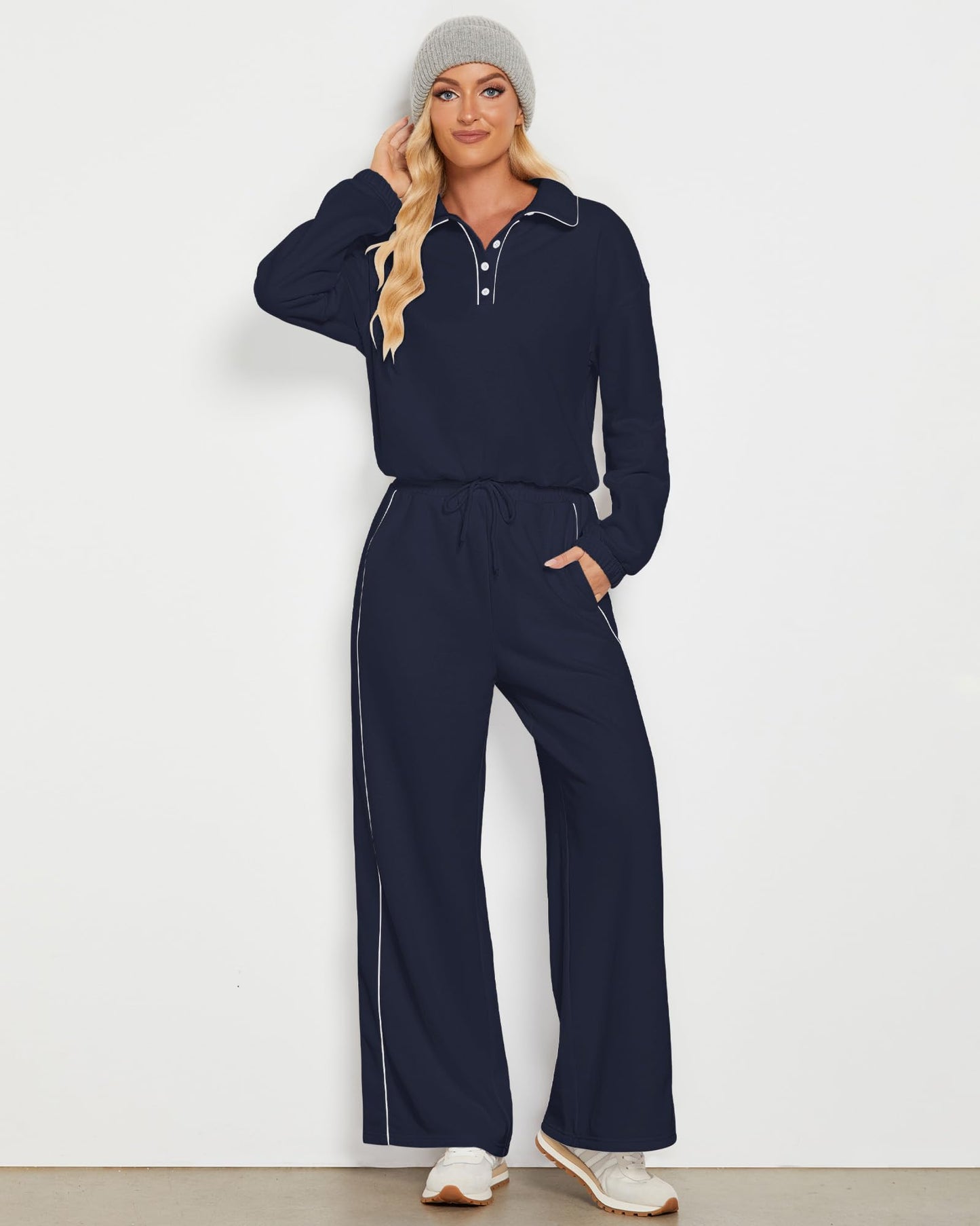 GRAPENT Sweatsuits Two Piece Sets for Women High Wasited Wide Leg Pants Fleece Button Pullover Sweatshirt Lounge Outfits