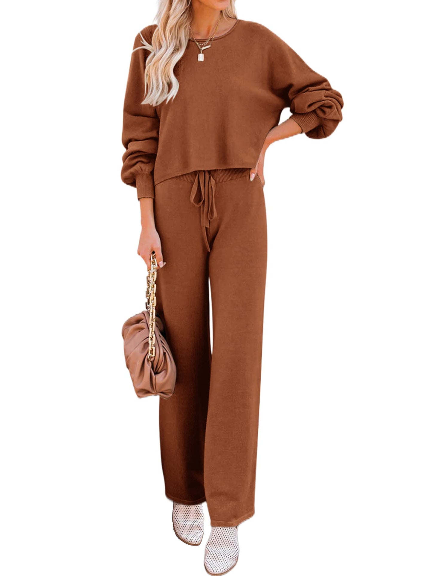 Ekouaer Knit Lounge Sets for Women 2 Piece Cozy Long Sleeve Pullover Sweater Top and Wide Leg Pants Set Pajamas Outfits