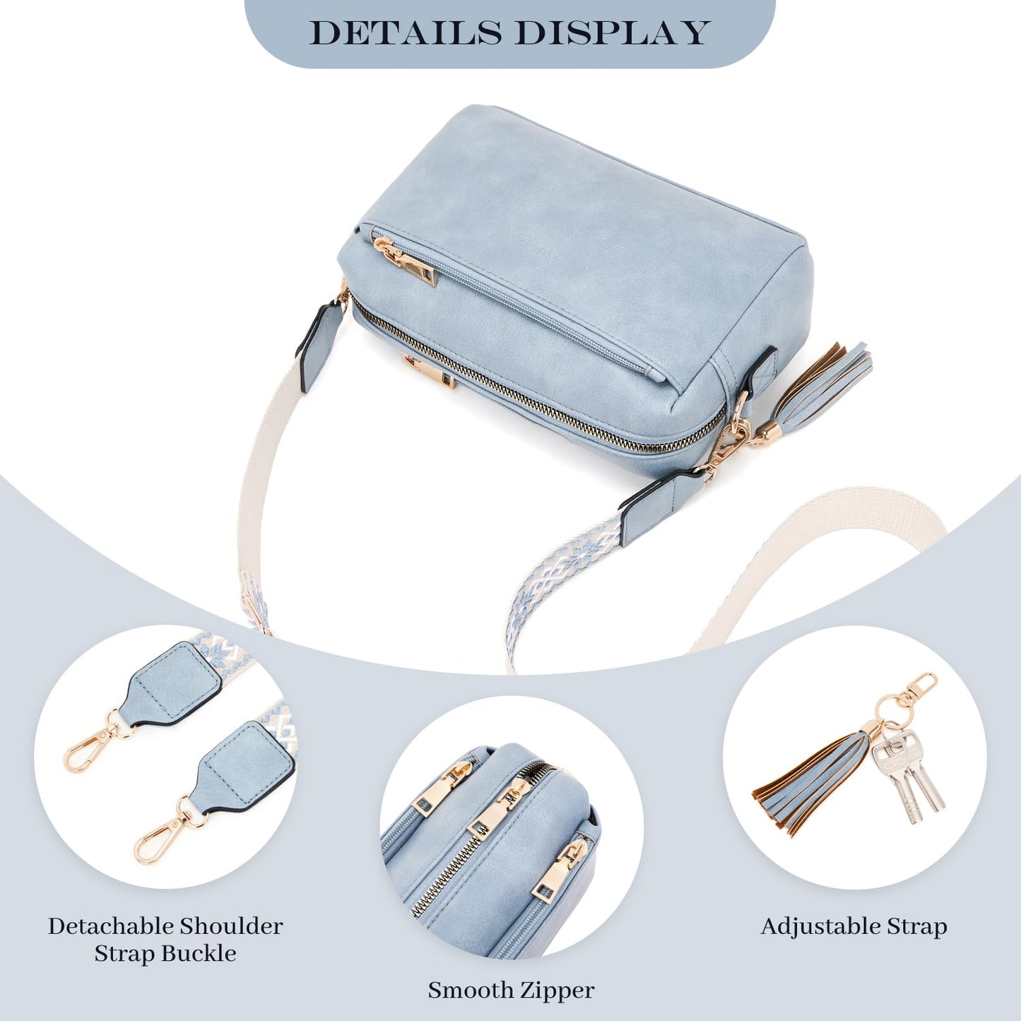 Triple Zip Small Crossbody Bag for women,Wide Strap Cell Phone Purse Shoulder Handbag Wallet with Credit Card Slots