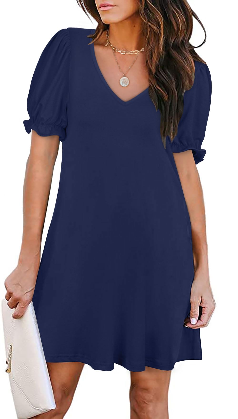 Women's Casual Dresses Puff Short Sleeve V-Neck Cocktail Dress with Pockets