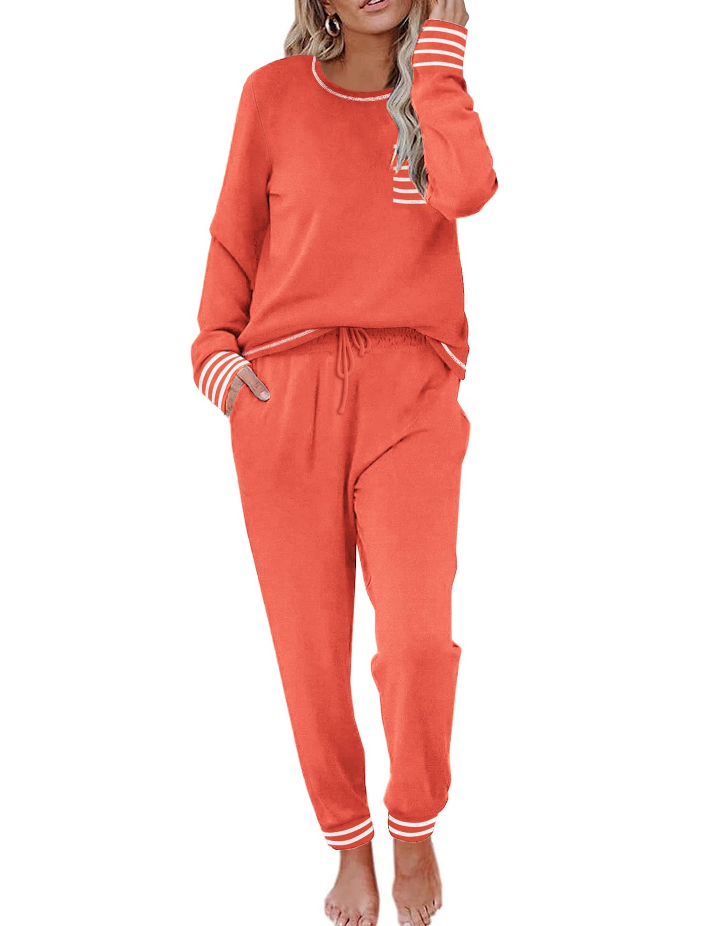 Ekouaer Pajamas Women's Long Sleeve Pj Set Soft 2 Piece Loungewear Sleepwear with Jogger Pants XS-3XL