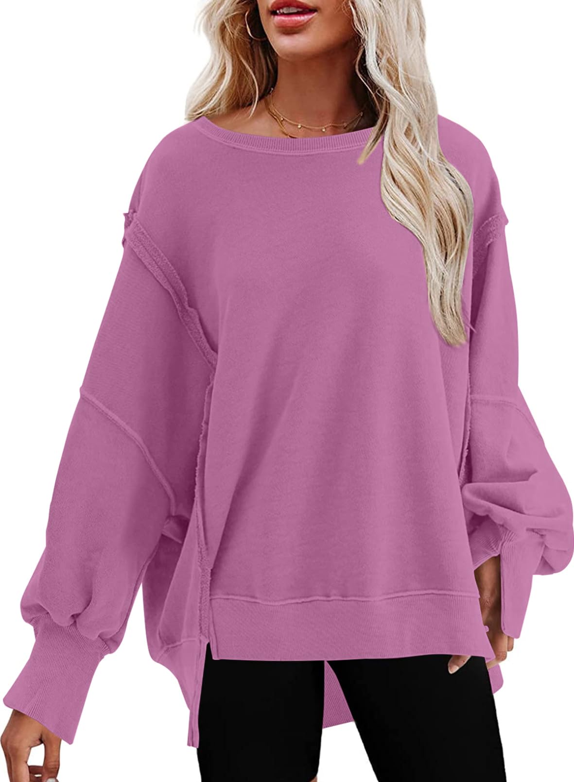 SHEWIN Womens Oversized Reverse Seam Sweatshirt Casual Long Sleeve Crewneck Lightweight Pullover Tops Loose Sweatshirts