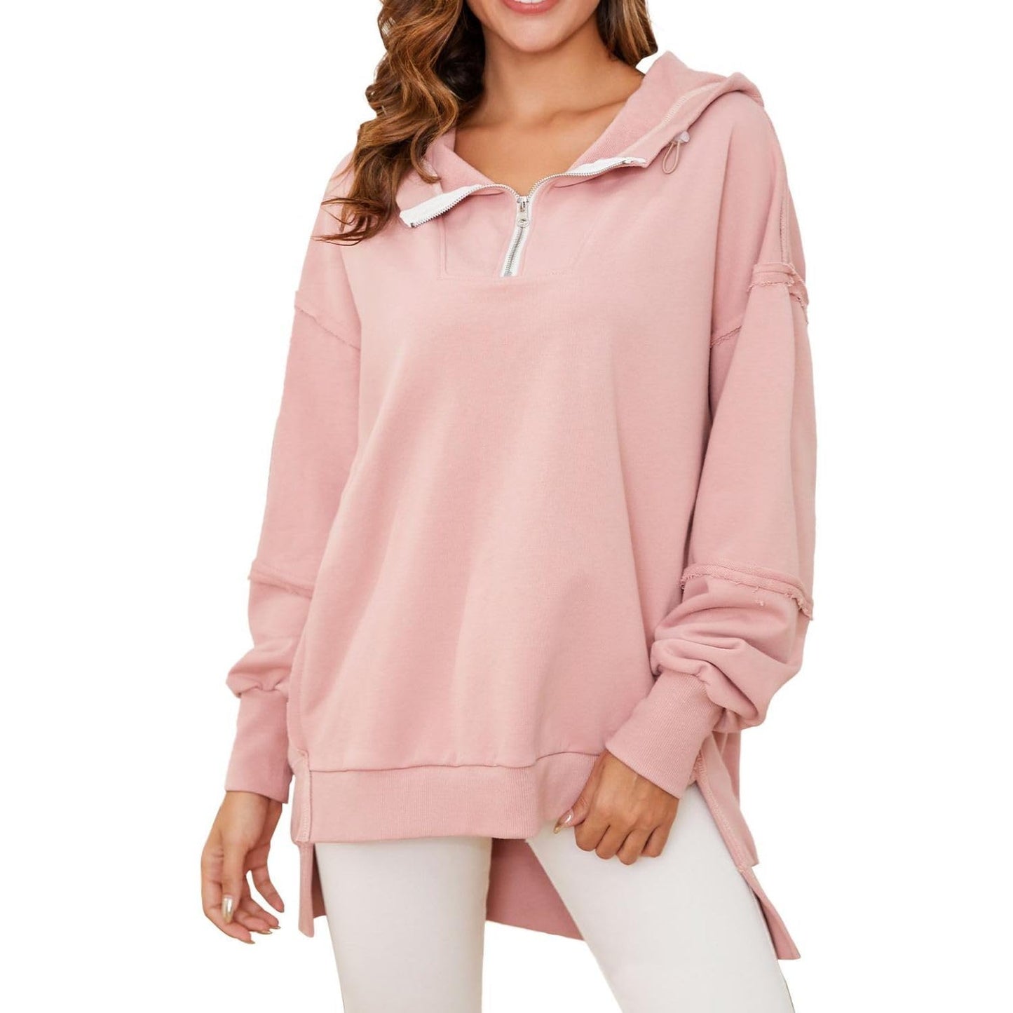 Women’s Quarter Zip Hoodies Long Sleeve Side Slit Sweatshirts Loose Drop Shoulder Drawstring Hooded Pullover Top