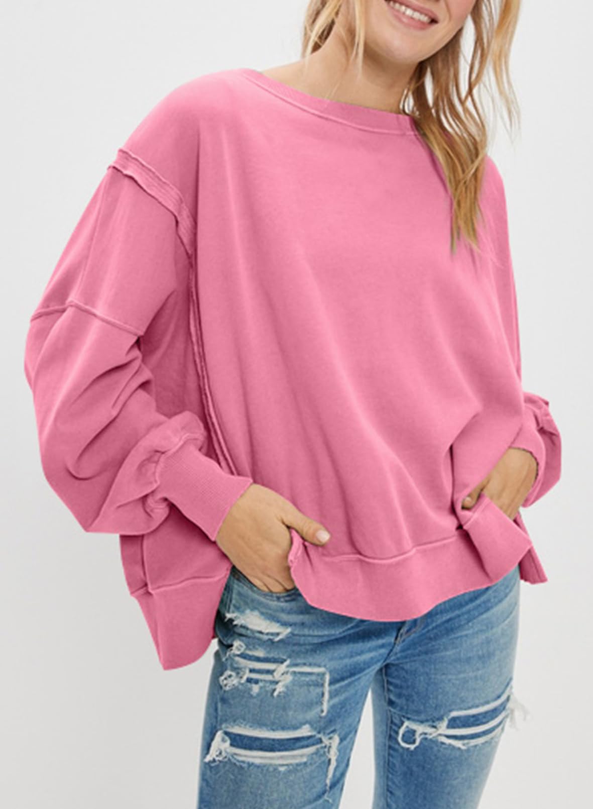 SHEWIN Womens Oversized Reverse Seam Sweatshirt Casual Long Sleeve Crewneck Lightweight Pullover Tops Loose Sweatshirts