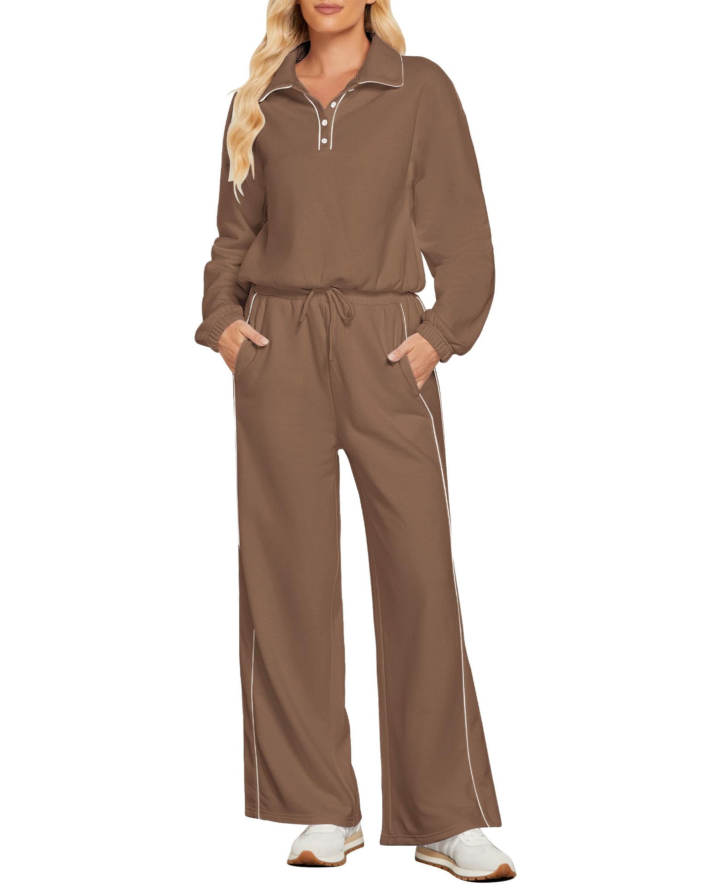 GRAPENT Sweatsuits Two Piece Sets for Women High Wasited Wide Leg Pants Fleece Button Pullover Sweatshirt Lounge Outfits