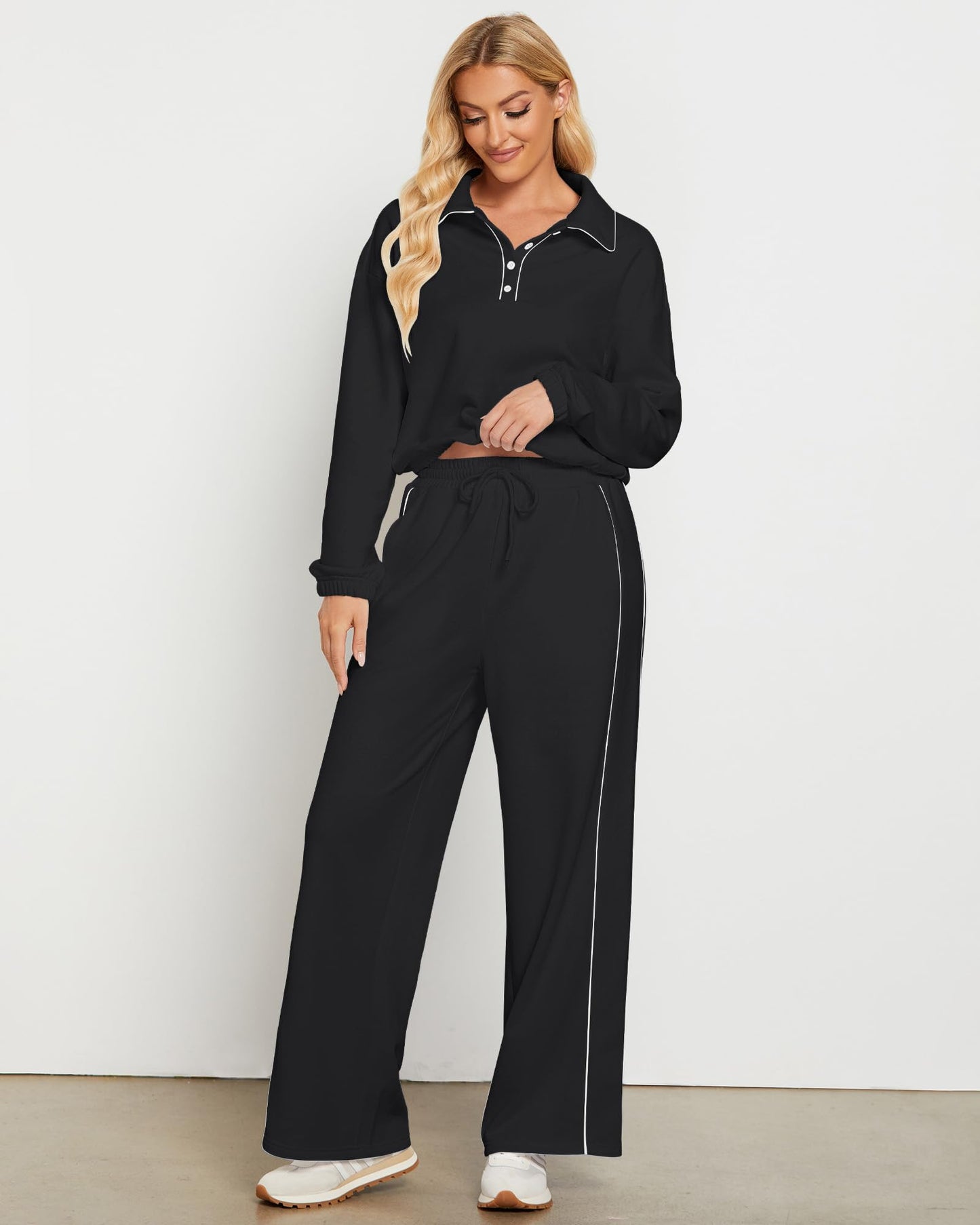GRAPENT Sweatsuits Two Piece Sets for Women High Wasited Wide Leg Pants Fleece Button Pullover Sweatshirt Lounge Outfits