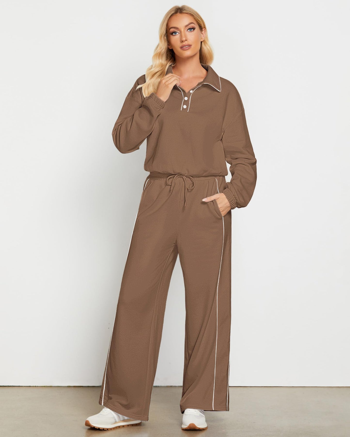 GRAPENT Sweatsuits Two Piece Sets for Women High Wasited Wide Leg Pants Fleece Button Pullover Sweatshirt Lounge Outfits