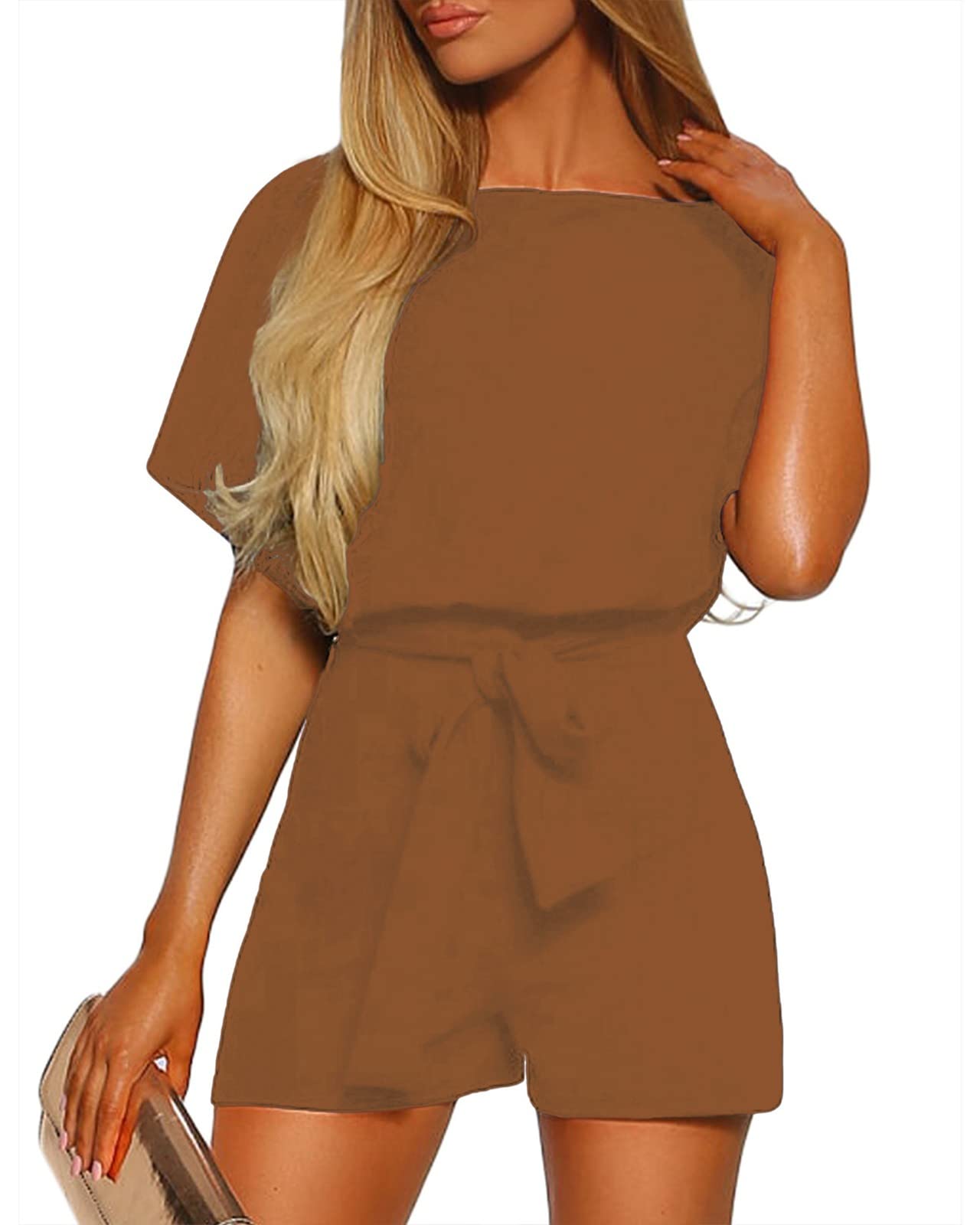 Vetinee Womens Summer Belted Romper Keyhole Back Short Sleeve Jumpsuit Playsuit