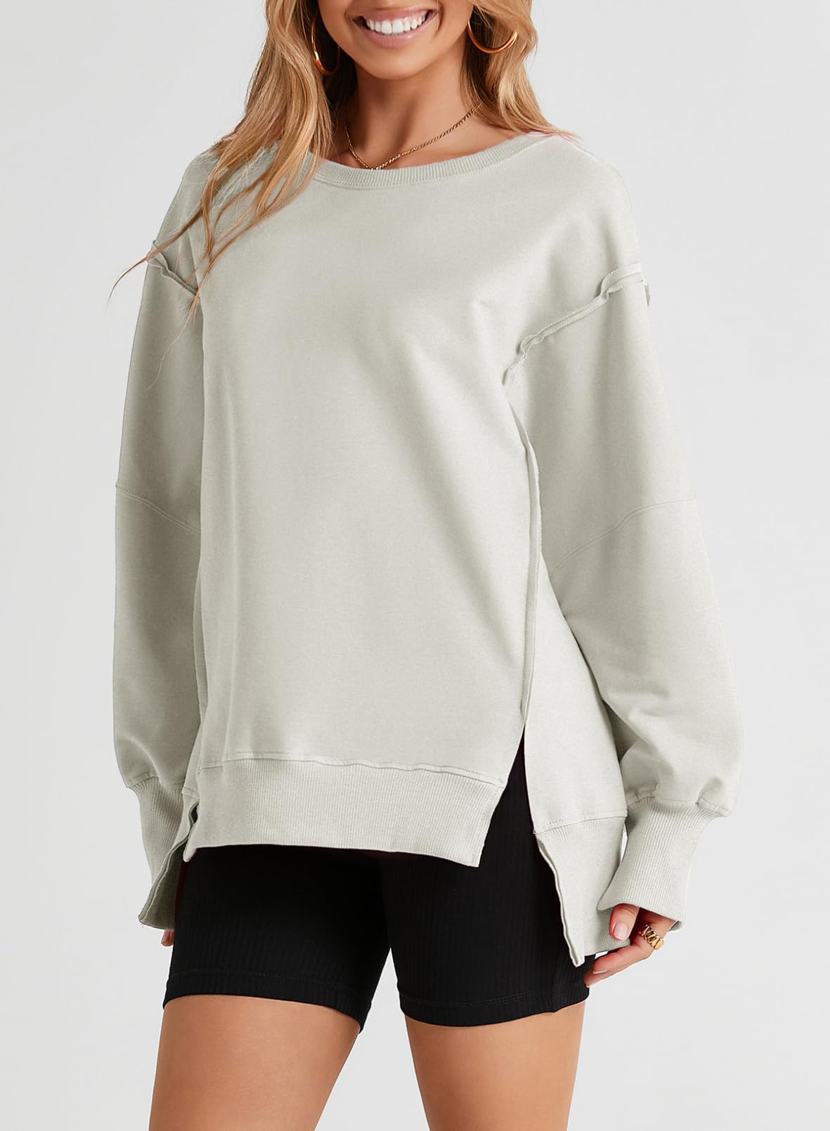 SHEWIN Womens Oversized Reverse Seam Sweatshirt Casual Long Sleeve Crewneck Lightweight Pullover Tops Loose Sweatshirts