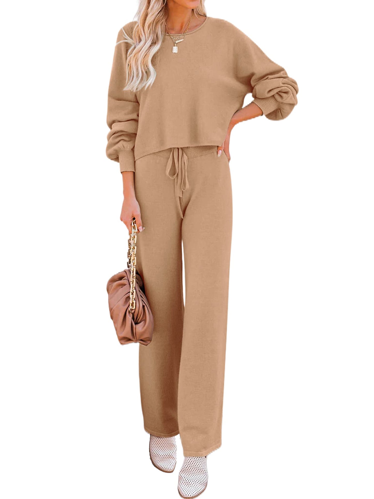 Ekouaer Knit Lounge Sets for Women 2 Piece Cozy Long Sleeve Pullover Sweater Top and Wide Leg Pants Set Pajamas Outfits