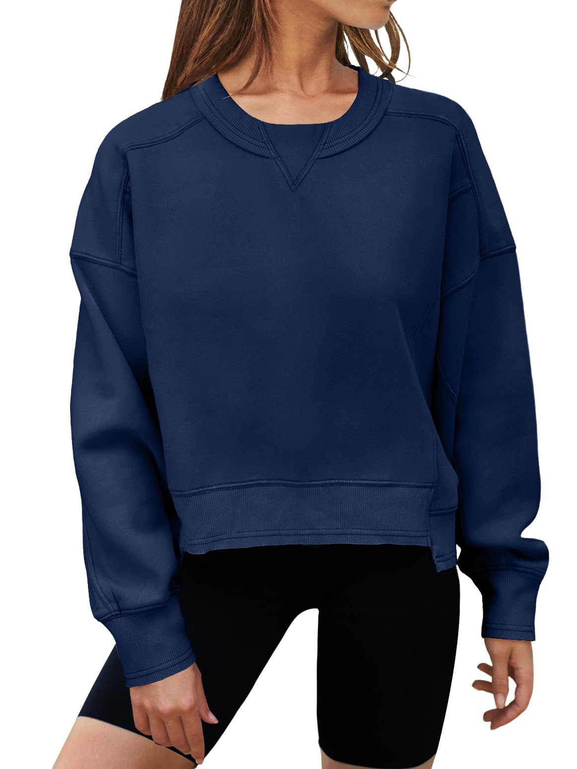 MEROKEETY Women's Oversized Cropped Sweatshirts Crewneck Fleece Workout Pullover Sweater Fall Outfits