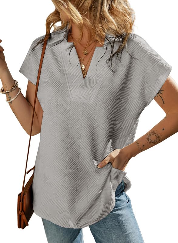 SHEWIN Women's Polo Shirts Casual Collared Short Sleeve Shirt Loose V Neck Tunic Tops