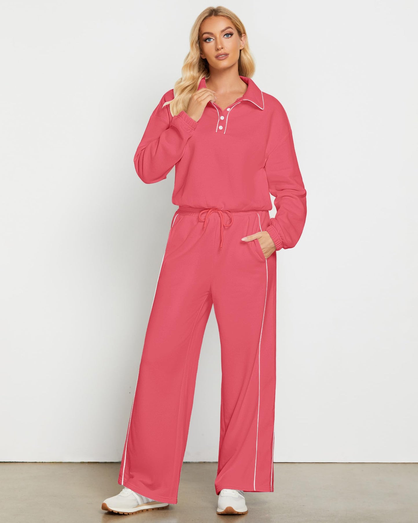 GRAPENT Sweatsuits Two Piece Sets for Women High Wasited Wide Leg Pants Fleece Button Pullover Sweatshirt Lounge Outfits