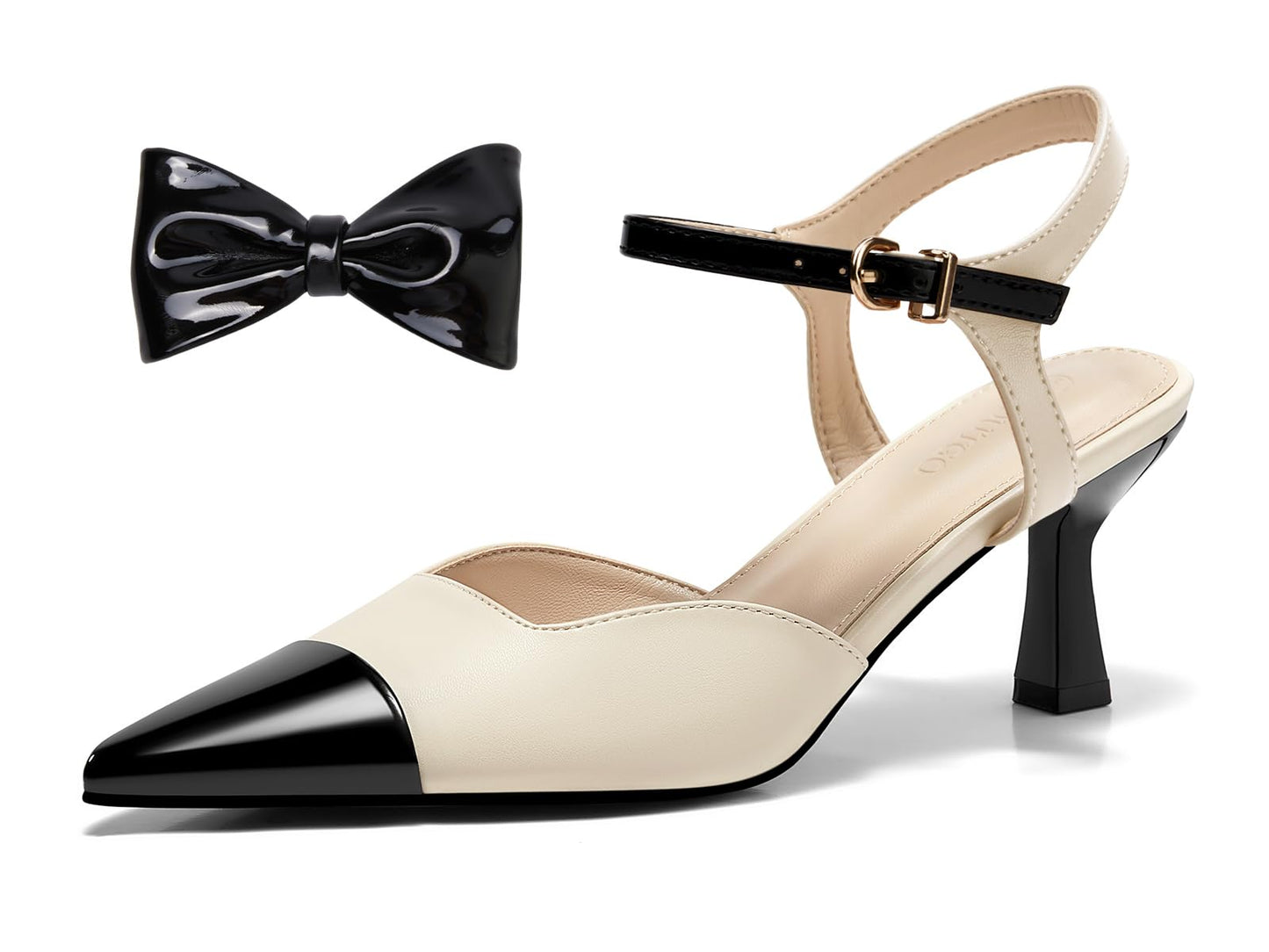 Coutgo Womens Kitten Heels Dress Shoes Closed Pointed Toe Ankle Strap Bow Pumps