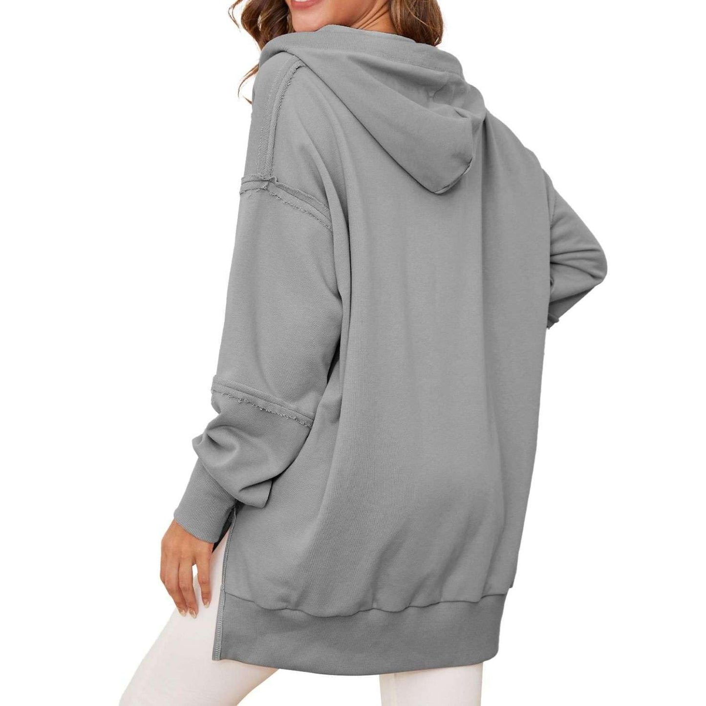 Women’s Quarter Zip Hoodies Long Sleeve Side Slit Sweatshirts Loose Drop Shoulder Drawstring Hooded Pullover Top